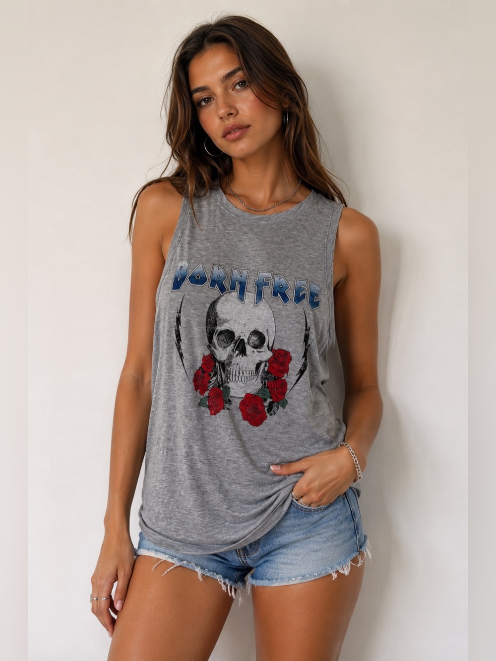 Gray Sleeveless Top with skull and roses Born Free